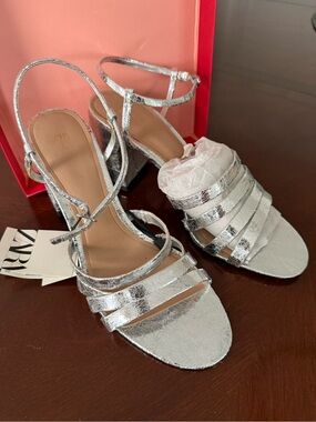 Zara Metallic Silver Multi-Strap Block Heel Sandals